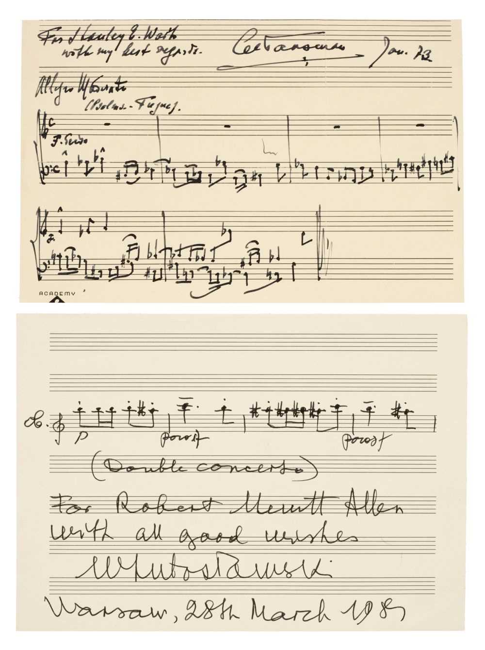 Lot 589 - Musical Autographs. A group of 13 autograph musical quotations, mostly 20th century