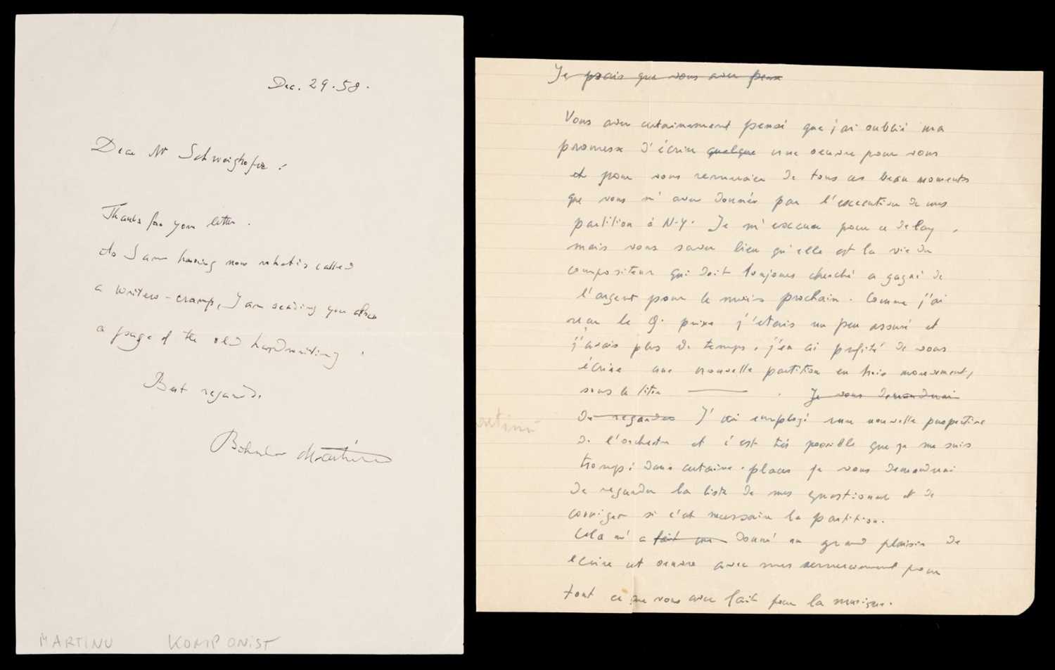 Lot 581 - Martinu (Bohuslav, 1890-1959). Autograph Letter Signed, 1958