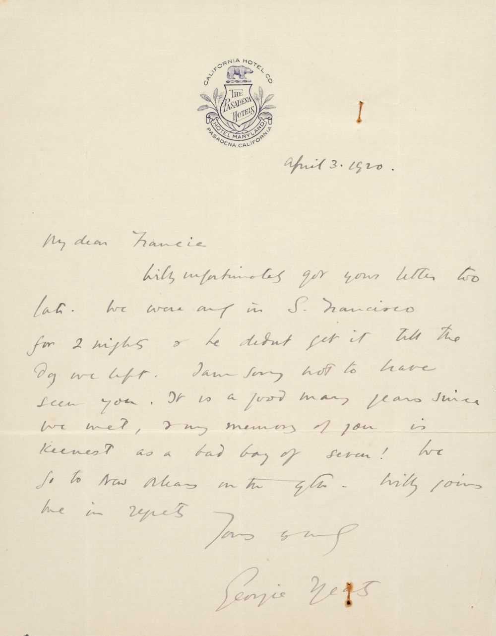 Lot 623 - Yeats (Georgie [Bertha] (a.k.a. George), 1892-1968). Autograph Letter Signed, 1920