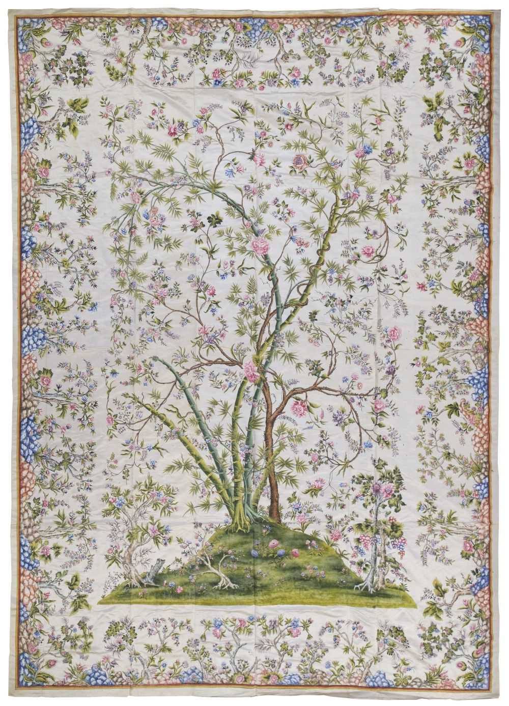223 - Chinese. A large Tree of Life painted silk panel or coverlet, Guangzhou [Canton]: circa 1760-1800