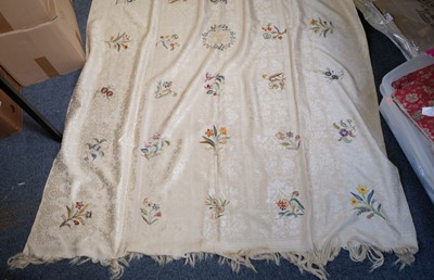Lot 244 - Embroidered cloth. An embroidered damask table tablecloth, early 20th century