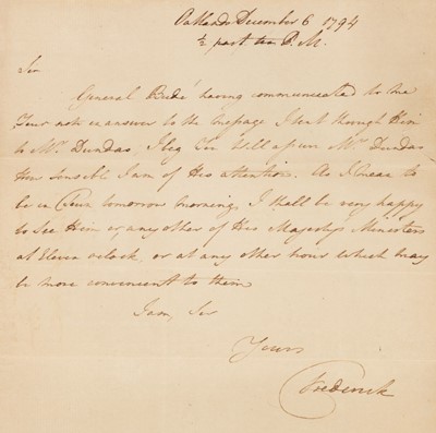 Lot 264 - Frederick, Duke of York (1763-1827). Important collection of autograph letters signed, 1794-7