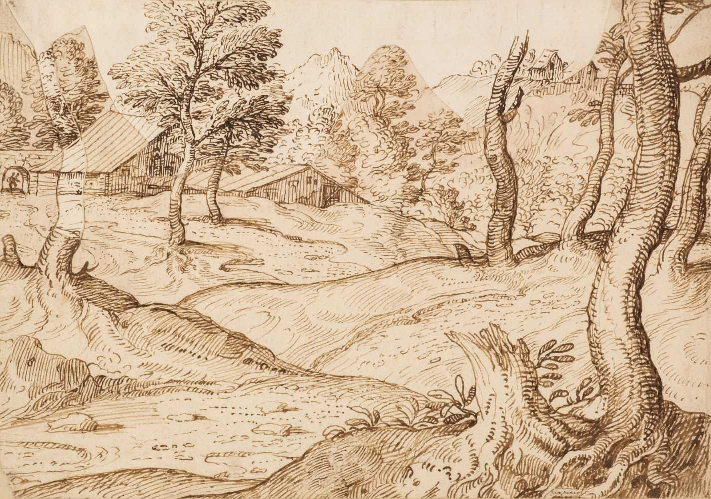 Lot 342 - Grimaldi (Giovan Francesco, Il Bolognese, 1606-1680). Landscape with rustic buildings