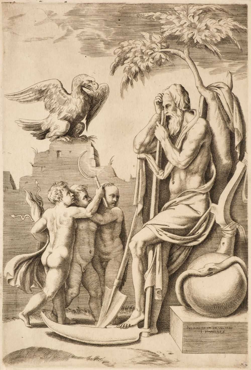 Lot 336 - Bonasone (Giulio, circa 1498-circa 1580). Saturn, seated right, threatened by his three children