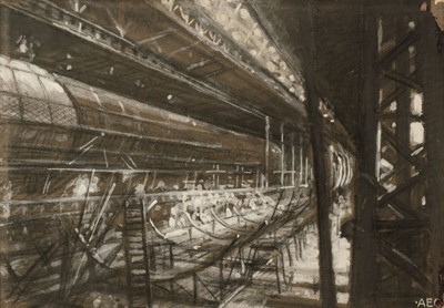 Lot 623 - Cooper (Alfred Egerton, 1883-1974). Interior of a hangar, with airship, chalk