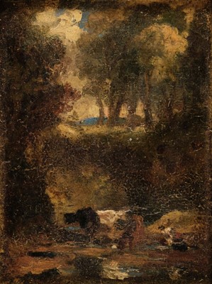 Lot 426 - Constable (John, 1776-1837, circle of). Wooded Landscape with cows and figure by a stream