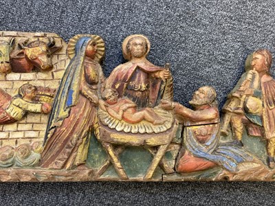 Lot 105 - Carved Panel. A carved wood nativity probably 19th century