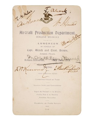 Lot 500 - Alcock (John William, 1892-1919 & Brown, Arthur Whitten, 1886-1948). A Printed Lunch Menu