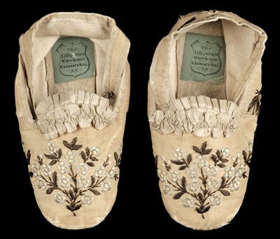 Lot 266 - Infant shoes. A pair of embroidered silk shoes, The Lilliputian Warehouse, circa 1880s, & others