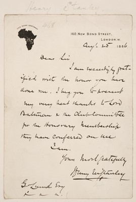 Lot 338 - Stanley (Henry Morton, 1841-1904). Autograph letter signed, 'Henry M. Stanley', 25 August 1886