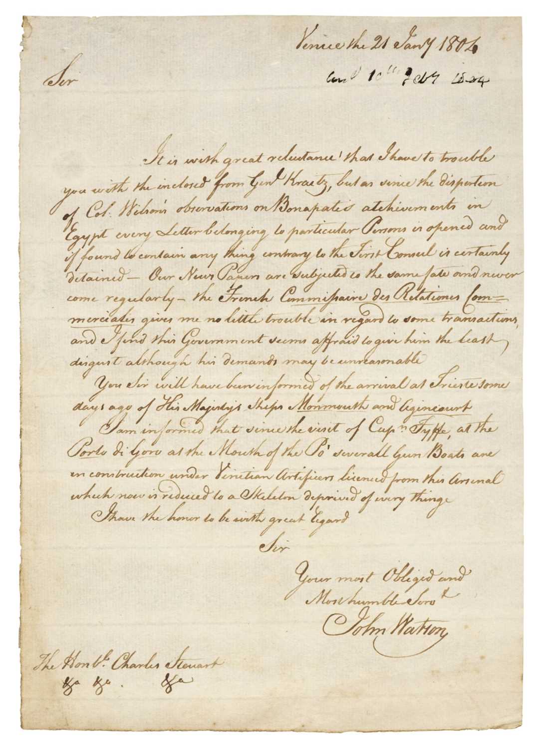 Lot 272 - Stuart (Charles). Group of letters to Stuart from British agents in Italy, 1803-9
