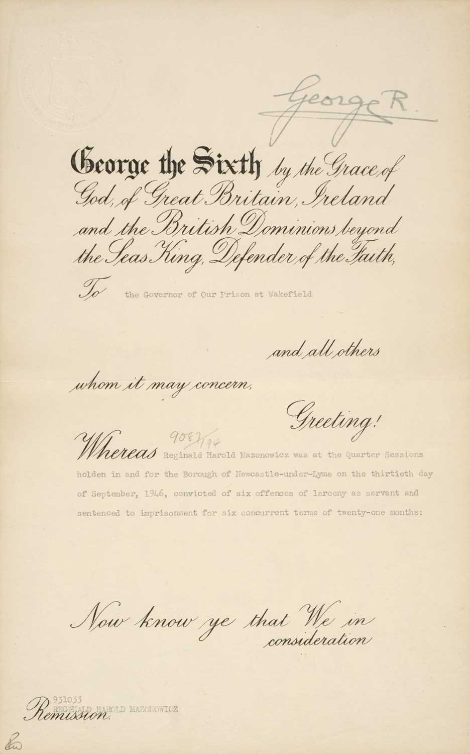 Lot 306 - George VI (1895-1952). Document signed