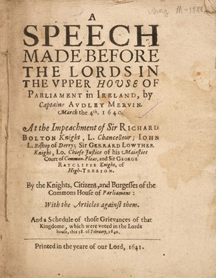 Lot 382 - Mervyn (Audley). A Speech made before the Lords in the Upper House ..., 1641