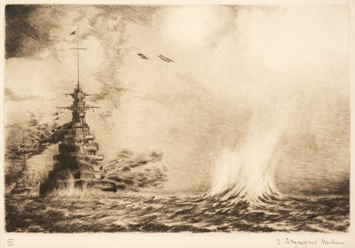 Lot 541 - Haden (Francis Seymour, 1818-1910). Two Battleships Firing at Sea, with spotter biplanes above