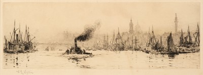 Lot 572 - Wyllie (William Lionel, 1851-1931). Shipping on The Thames, with steam barge