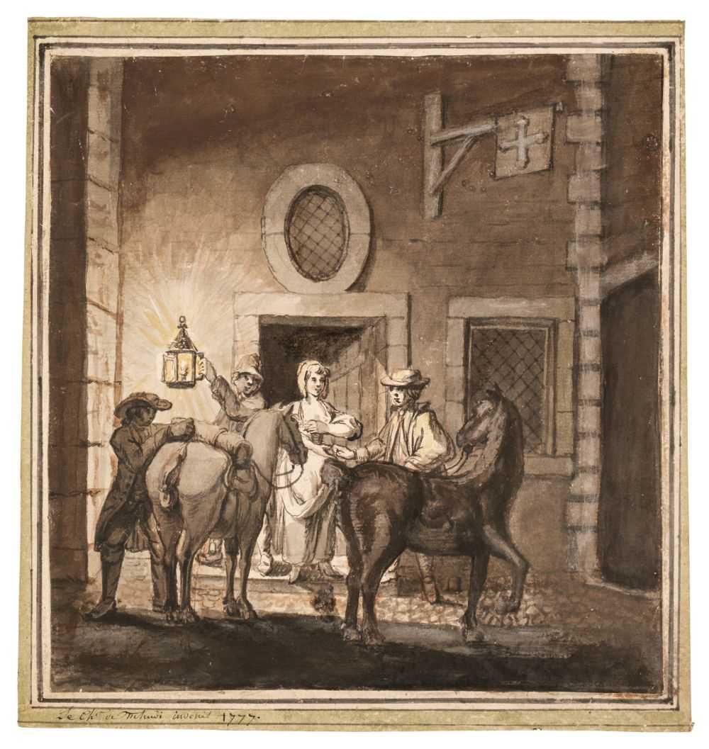 Lot 318 - French School. Travellers arriving outside a hostelry at night, 1777