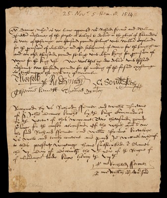 Lot 231 - Wolsey (Thomas, 1470/71-1530). Fine Document Signed, 'Thomas Wulcy', 25 November 1513