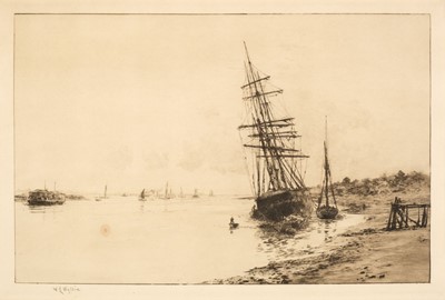 Lot 568 - Wyllie (William Lionel, 1851-1931). Sailing Ship beached in an estuary