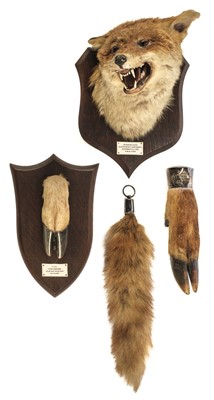 Lot 208 - Taxidermy. Fox head by Spicer & Sons, brush and other items