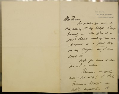 Lot 288 - Burne-Jones (Edward Coley, 1833-1898). Autograph letter initialled