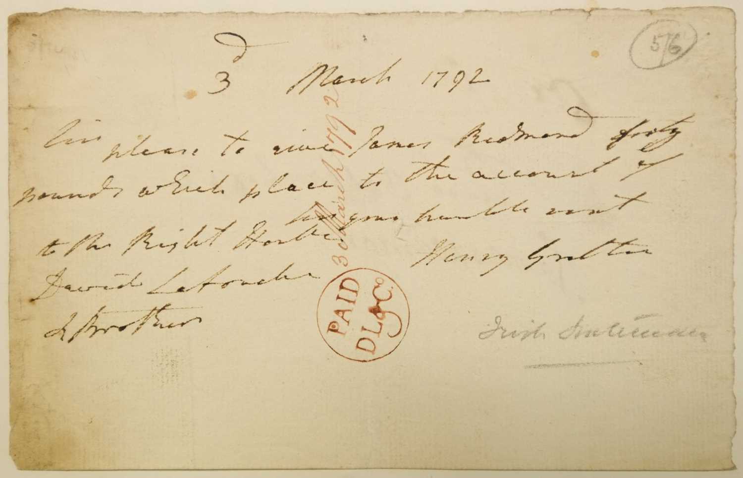 Lot 313 - Irish History. Autograph receipt signed