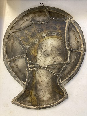 Lot 133 - Stained glass. Female head with crown & halo, probably early 16th century?