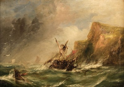 Lot 432 - English School. Coastal scene with shipwreck, circa 1850, oil on board