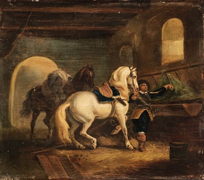 Lot 430 - English School. Horses in a stable with an English Civil War soldier, circa 1850