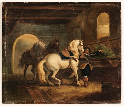 Lot 430 - English School. Horses in a stable with an English Civil War soldier, circa 1850