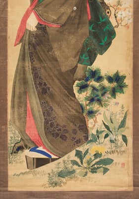 Lot 422 - Japanese scroll painting. Girl in a flowering garden, 20th century
