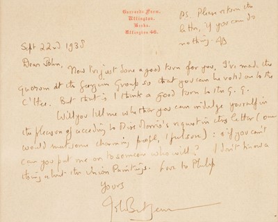 Lot 518 - Betjeman (John). Two autograph letters signed, 1938, with an original caricature