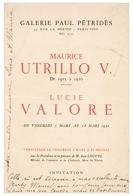 Lot 230 - Utrillo (Maurice, 1883-1955). Inscribed exhibition catalogue, 1838