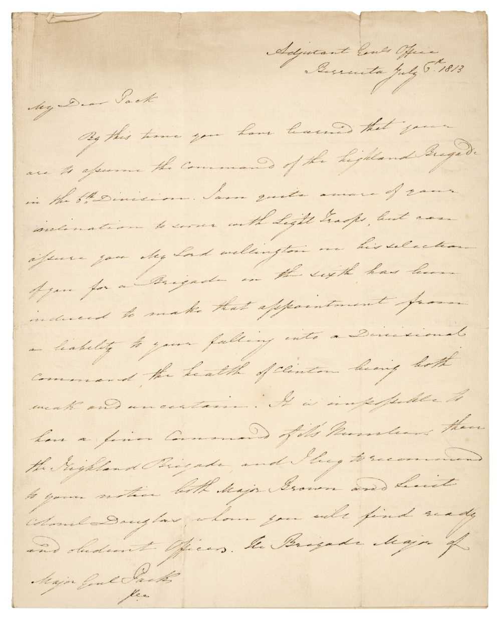 Lot 225 - Pakenham (Edward, 1778-1815). Autograph letter signed to Denis Pack, 1813