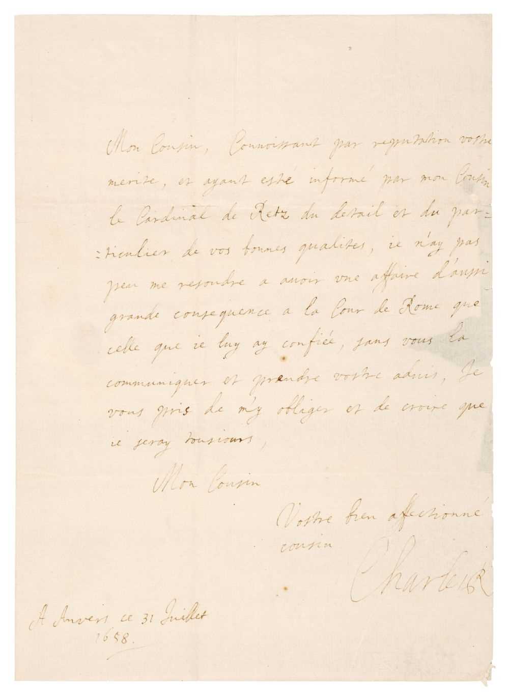 Lot 194 - Charles II (1630-1685). Autograph letter signed, 1658