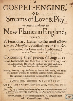 Lot 99 - Harford (Ralph). A Gospel-engine, or Streams of love & pity to quench ... flames in England, 1649