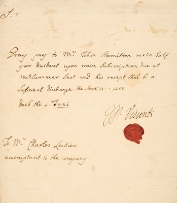 Lot 228 - South Sea Bubble. Autograph note by the Marquess Visconti, 1721