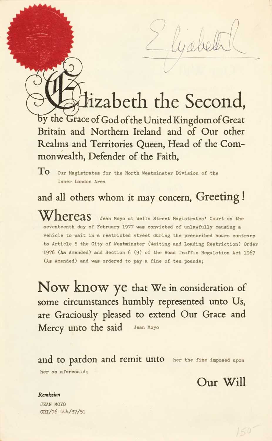 Lot 207 - Elizabeth II (1926-). Document Signed, Elizabeth R, circa 1977