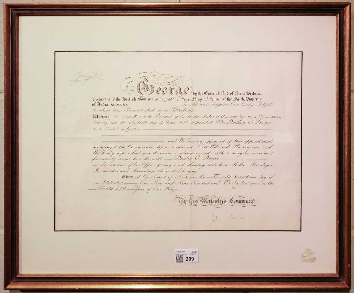 Lot 209 - George V (1865-1936). Document Signed, 1934