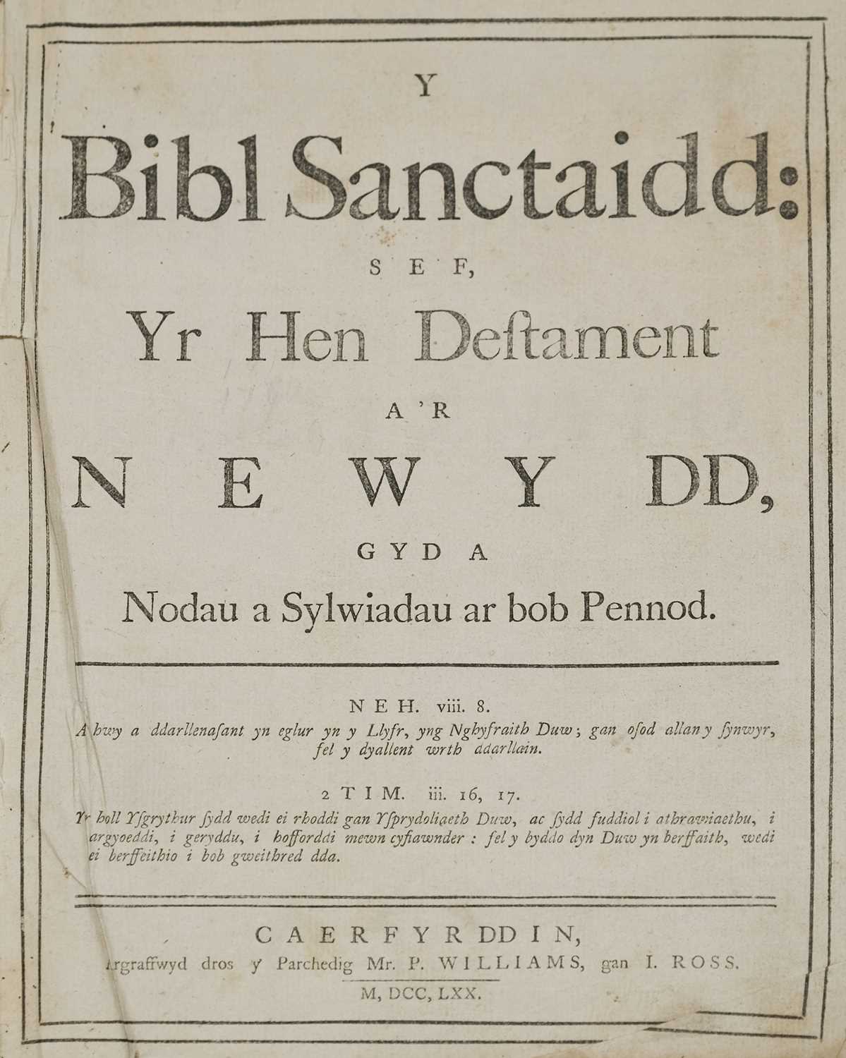 Lot 82 - Bible [Welsh]. Y bibl Sanctaidd...,