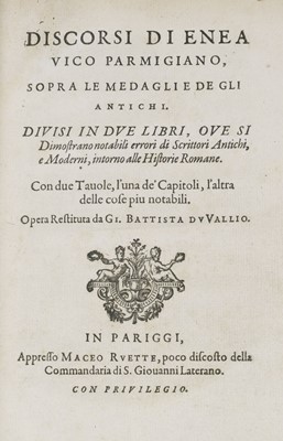 Lot 292 - Vico (Aeneas). Discorsi di Enea Vico Parmigiano, 1619