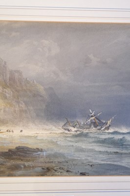 Lot 367 - English School. Shipwreck on the coast, with figures on the beach below cliffs, mid 19th century