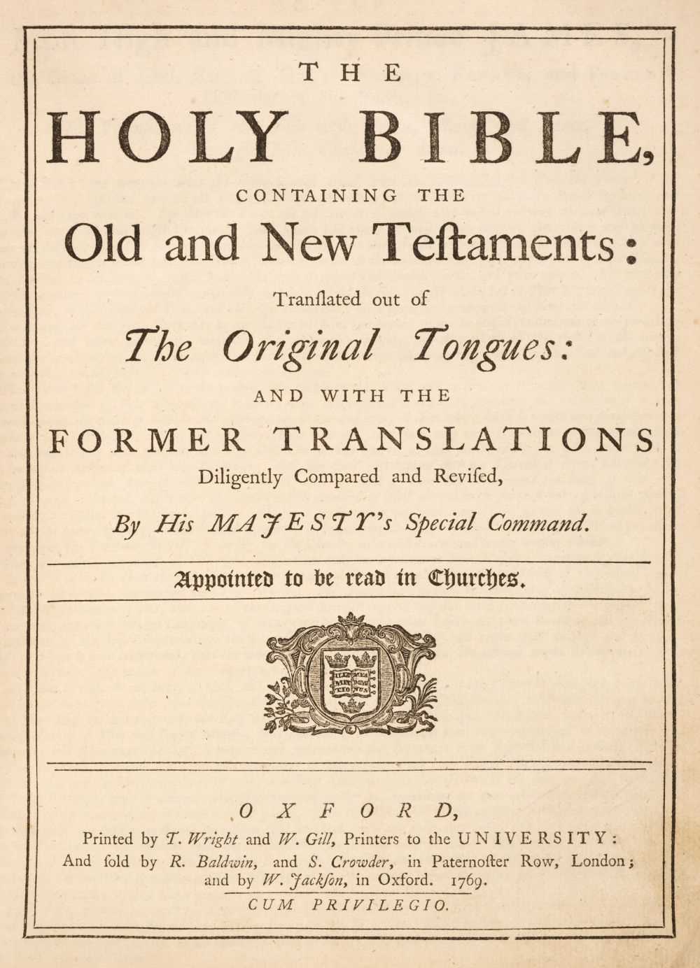 Lot 80 - Bible [English]. The Holy Bible, containing the Old and New Testaments, Oxford, 1769
