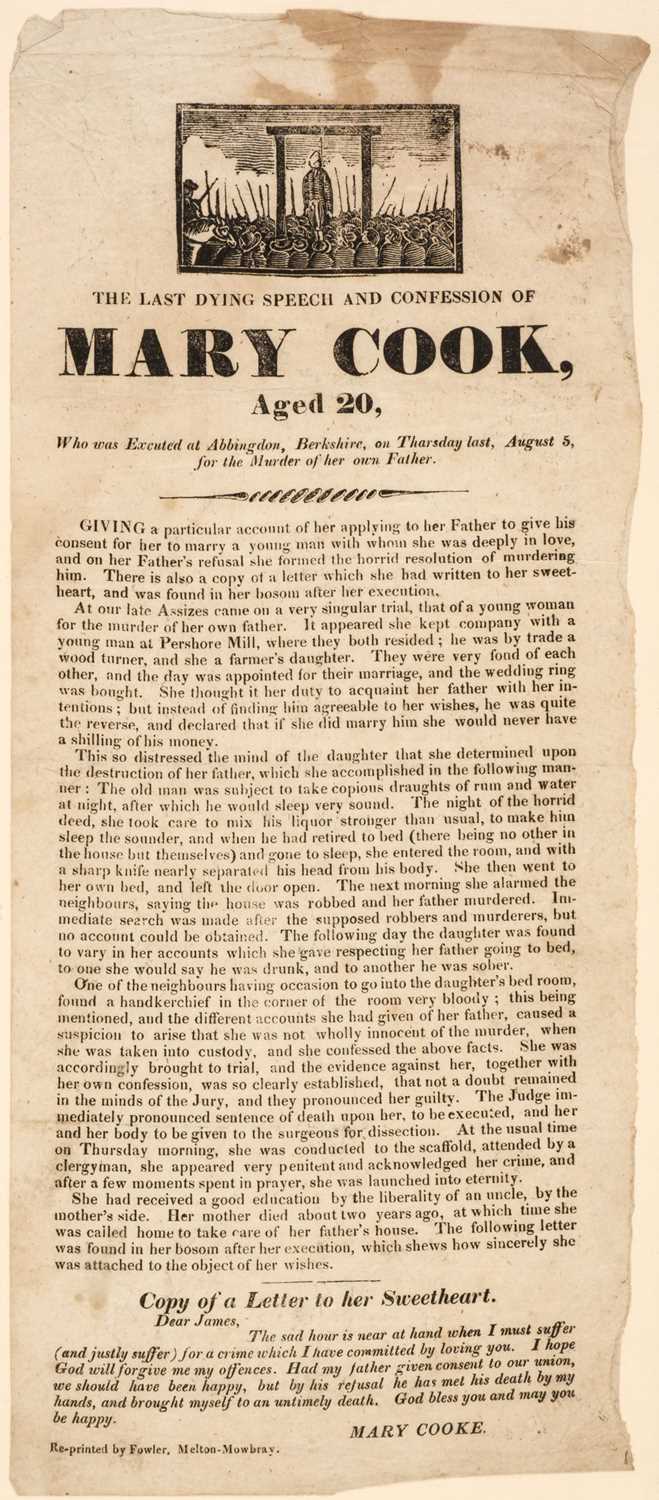 Lot 142 - Broadside. The last dying speech and confession of Mary Cook, aged 20, c.1800