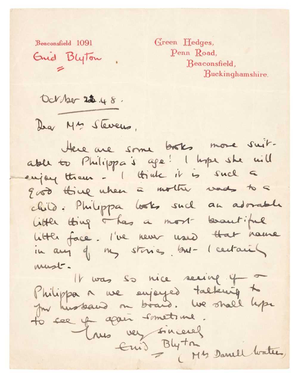 Lot 472 - Blyton (Enid, 1897-1968). Autograph letter signed 'Enid Blyton (Mrs Darrell Waters)',  1948