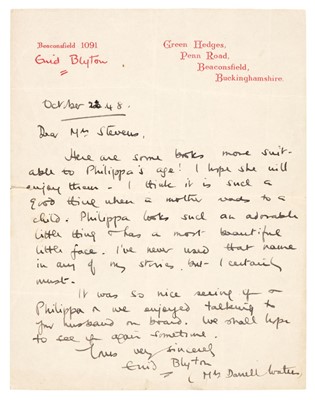 Lot 472 - Blyton (Enid, 1897-1968). Autograph letter signed 'Enid Blyton (Mrs Darrell Waters)',  1948