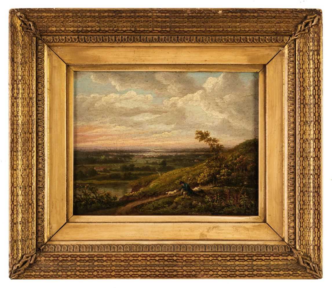 Lot 89 - Morland (George, 1763-1804).  Gentleman & dog on a hillside