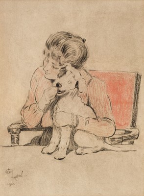 Lot 370 - Aldin (Cecil Charles Windsor, 1870 - 1935). Young Lady cuddling a Terrier, 1902