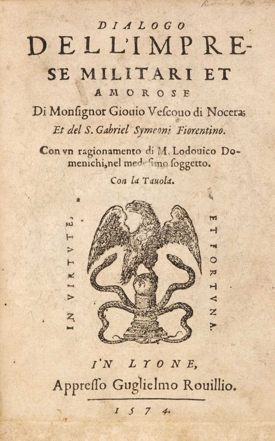 Lot 125 - Giovio (Paolo). Dialogo dell' imprese militari et amorose…, Lyon: Guillaume Rouillé, 1574