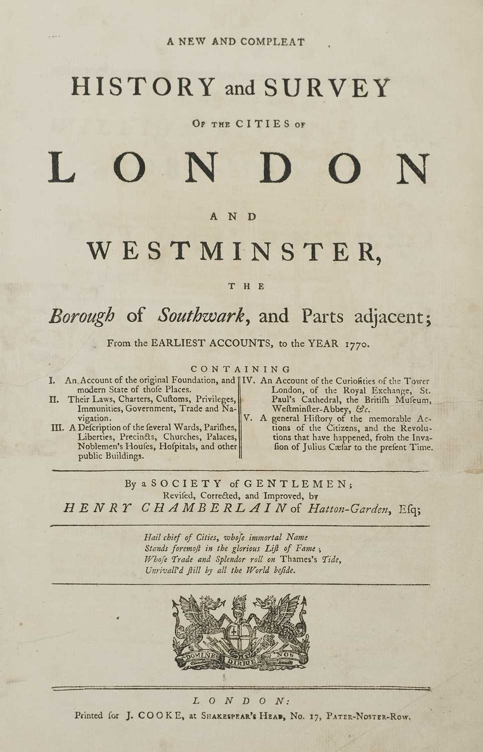 Lot 42 - Chamberlain (Henry). A New and Compleat History of the Cities of London and Westminster, [1770]
