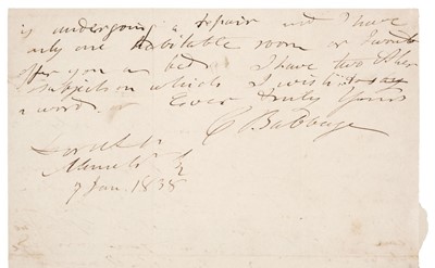 Lot 140 - Babbage (Charles, 1791-1871). Autograph Letter Signed, 7 January 1838